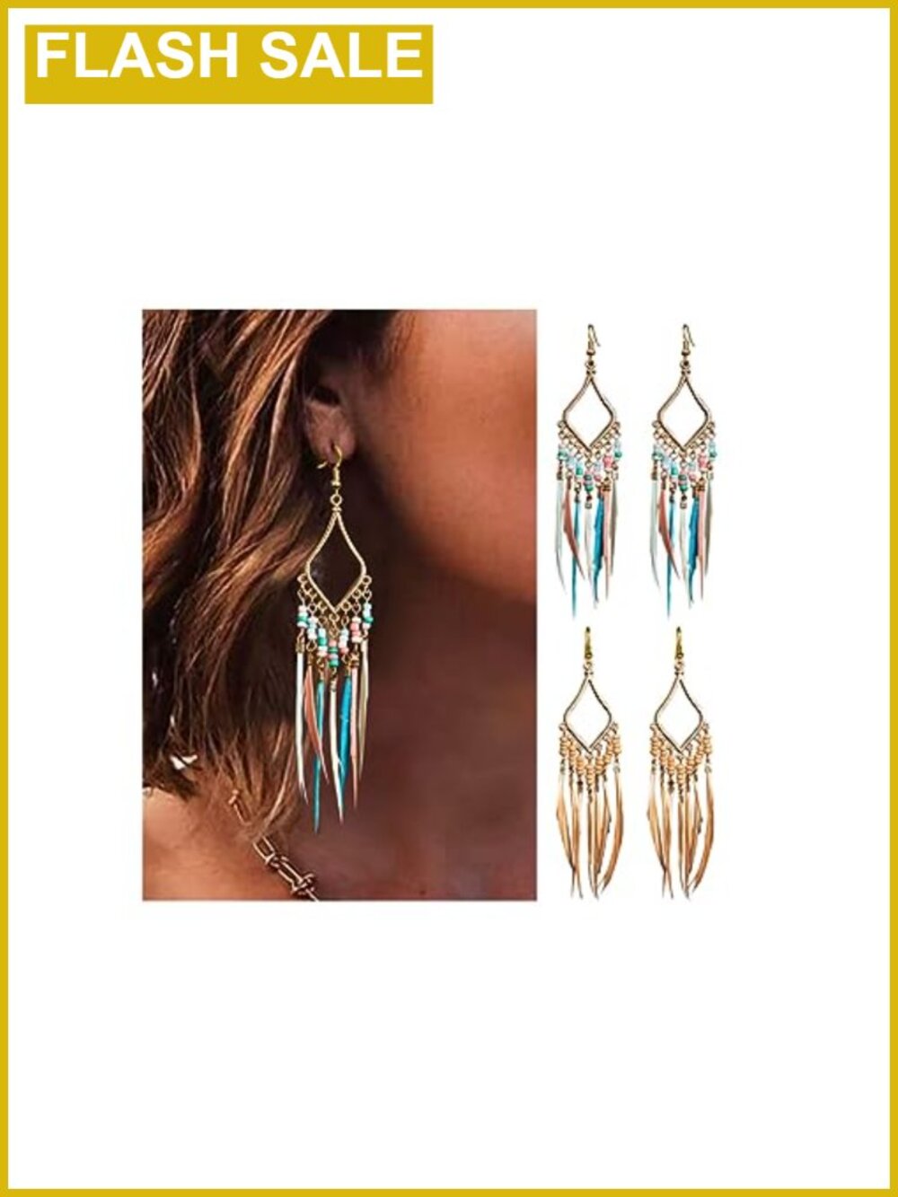 Bead Feather Tassel Drop Dangle Earrings Gold Plated Boho Ethnic
